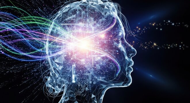 A futuristic, digital human head with glowing, colorful, and intricate brain structures against a dark, starry background.