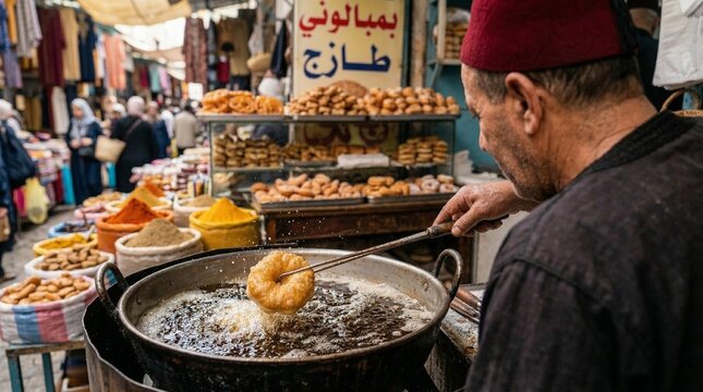 Traditional Tunisian Street Food Vendor Frying Fresh Bambaloni Doughnuts