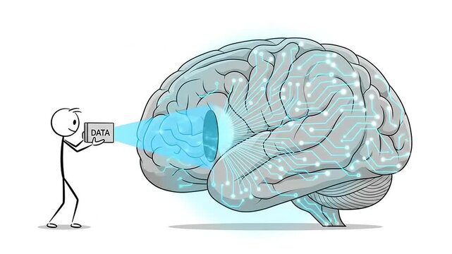 Stick figure person feeding data information into a human brain with blue light