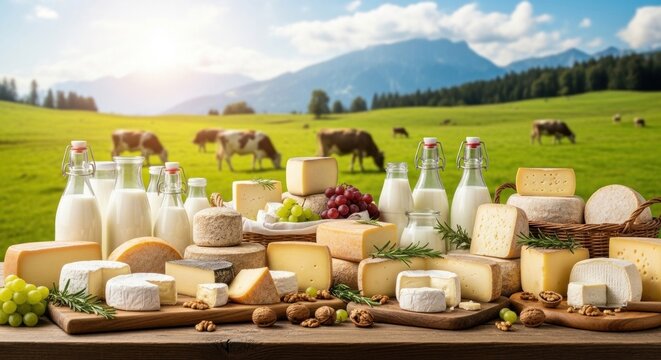 A variety of cheeses and milk products on a wooden table in a picturesque outdoor setting with cows grazing in the background.