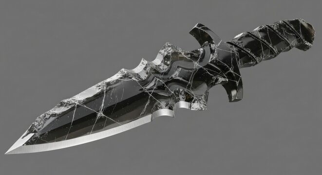 A shattered, black and silver dagger with a leather handle and a metallic blade, floating in a dark gray space.