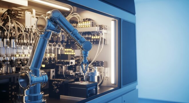 Highly detailed shot of a polished chrome robotic arm precisely manipulating samples within a complex, sealed genomic sequencing machine in a cleanroom, biotechnology, closeup, biomedical