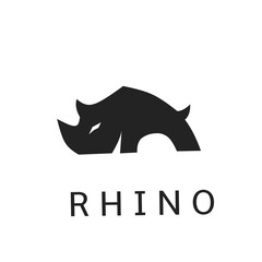 Minimalist rhino head logo design with bold black silhouette and clean typography. Modern vector icon suitable for security, construction, or sports branding seeking a strong, powerful identity © pramurti