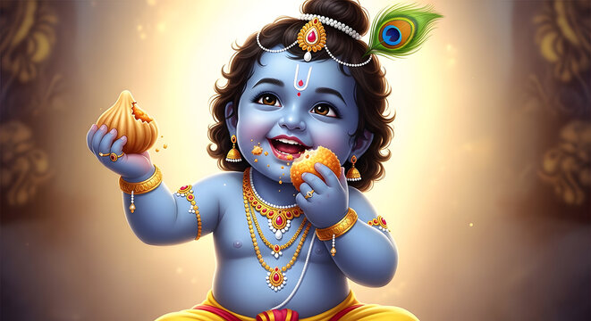 Cute Baby Lord Krishna Eating Traditional Indian Sweets Laddu and Modak with Peacock Feather