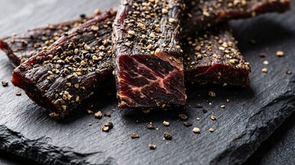 Close-up shot of delicious beef jerky with pepper seasoning on a dark surface.