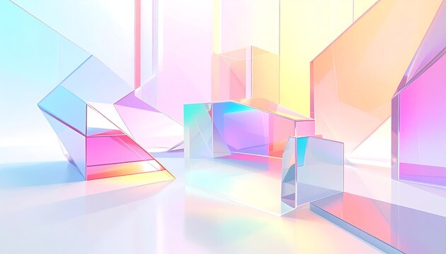 Iridescent geometric shapes floating in a pastel-colored abstract environment viewed from a low angle