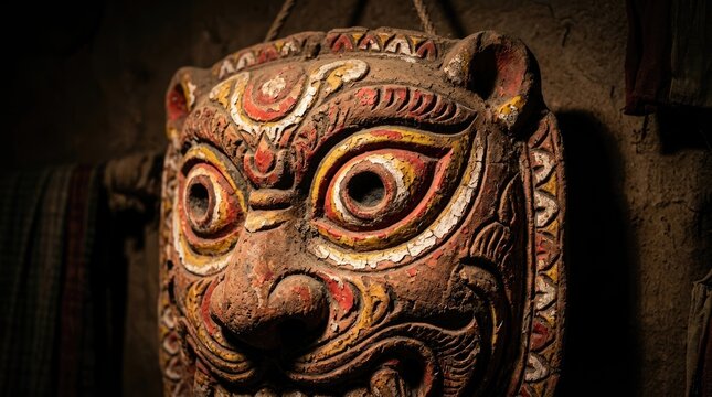 Traditional Chinese guardian lion statue close-up with intricate carvings in dim lighting