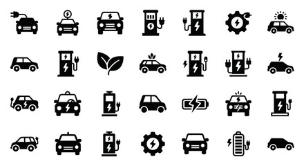 Collection of Vehicle Icons Depicting Fueling, Maintenance, and Eco-Friendly Aspects at Service Stations from a Direct Viewpoint