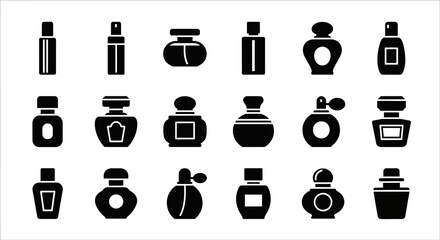 Collection of perfume bottles and fragrances displayed in a grid pattern on a clean white background from a straightforward viewpoint