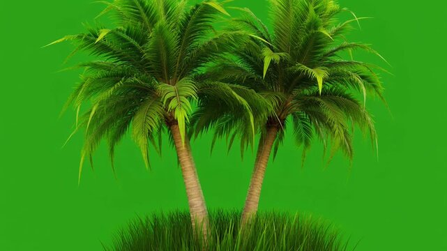 Lush Twin Tropical Palm Trees Swaying Gently on Green Screen Background