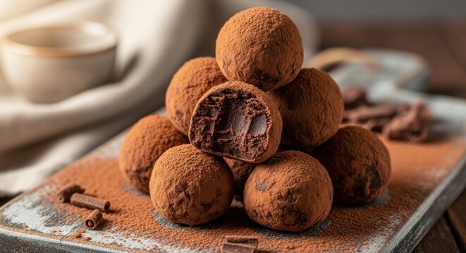 A pyramid of chocolate truffles dusted with cocoa powder on a rustic wooden board with a cup of coffee in the background.