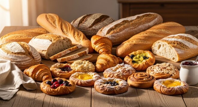 Various types of bread and pastries on a wooden table.