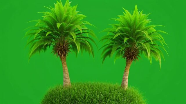 Lush twin tropical trees standing on a grassy mound with a bright green screen background
