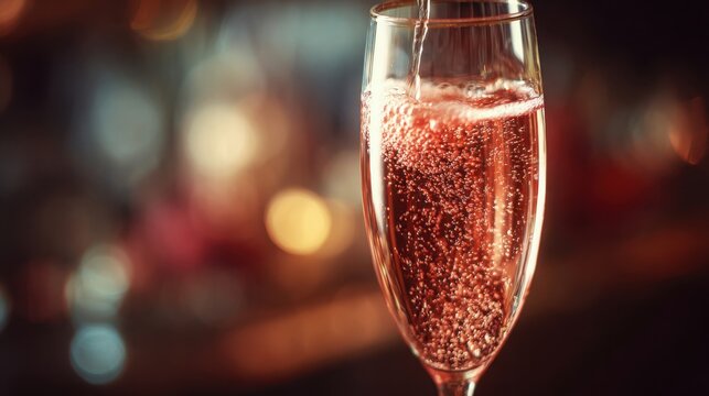 Sparkling pink champagne bubbles rising in a crystal glass with bokeh background
