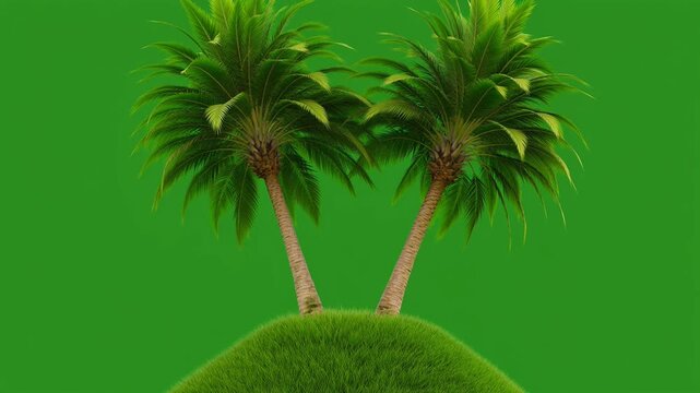 Vibrant Tropical Twin Palm Trees Swaying Gently on a Green Mound Against a Solid Chroma Key Background