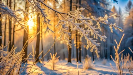 Obraz premium Golden Hour Frost A Winter Wonderland Scene of Icy Branches and Sunlit Snow