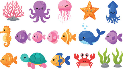 Cute Cartoon Sea Animals Vector Set with Octopus, Jellyfish, Starfish, Whale, Turtle, Crab and Tropical Fish for Kids Ocean Illustration. © MstSuborna