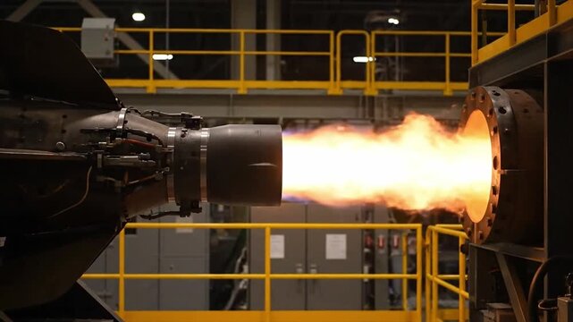 Jet Engine Firing with Brilliant Exhaust Flame During Industrial Test in Research and Development Facility