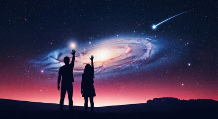 Fototapeta premium Young couple silhouettes reaching for a glowing spiral galaxy spiritual cosmic connection