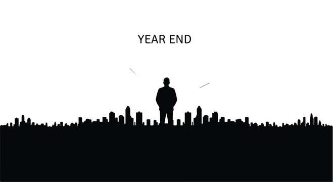 Silhouette of a lone businessman standing before a sprawling city skyline representing year end business strategy and corporate planning isolated on a solid white background for marketing materials.