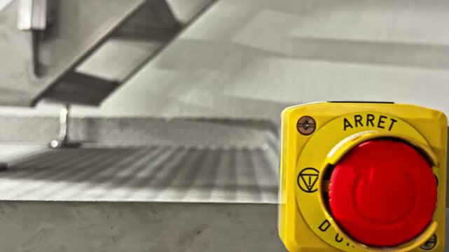 Close-up of red emergency stop button on industrial machine, safety control in factory setting with metal platform background. Workplace safety and shutdown concept with copy space.