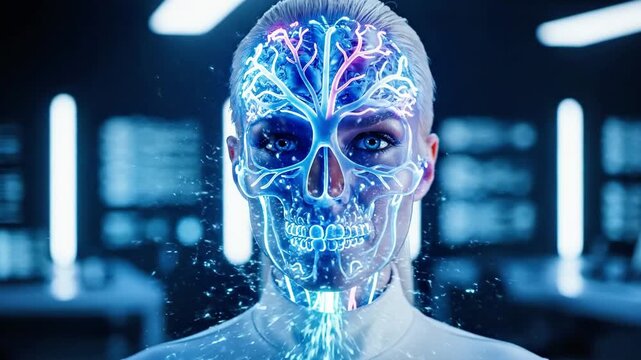A futuristic being with a humanoid skull-like face and glowing blue circuitry stands in a dimly lit room