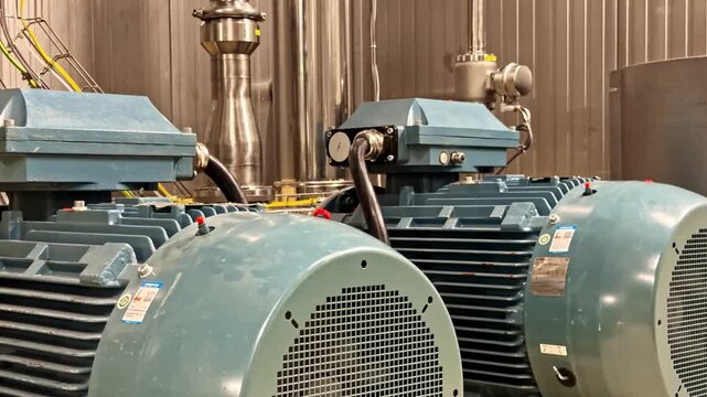 Close-up of large electric motor and pump system with stainless pipework in a utility room, industrial facility machinery running for engineering, maintenance, and energy infrastructure.