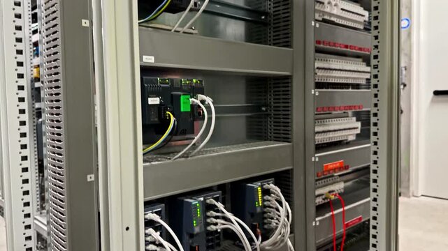 Hi-vis technician checks an industrial control cabinet, handling cables inside a server rack and electrical panel for factory automation and plant maintenance.