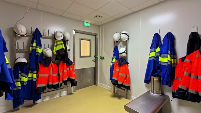 Empty industrial locker room with hi-vis jackets and hard hats on hooks, clean PPE changing area in a factory or construction site, workplace gear storage and uniform station.