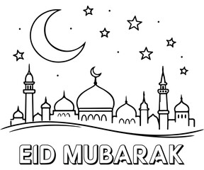Eid Mubarak Mosque Skyline with Crescent Moon and Stars Line Art