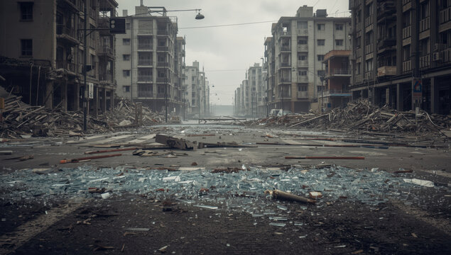 Devastated city street with broken glass rubble and abandoned buildings