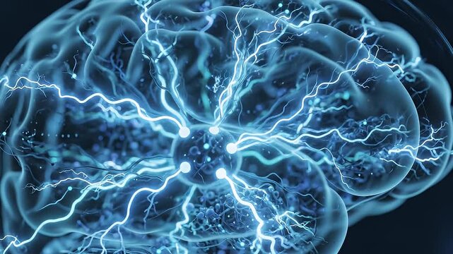 Electric blue brain neurons firing in rapid network.