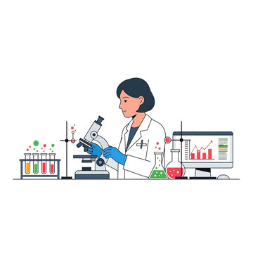 Scientist working with microscope and colorful test tubes in a modern laboratory