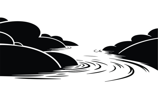 Curving river flows between smooth, dark, rounded rock formations under an expanse of negative white space, suggesting motion and calm water texture.