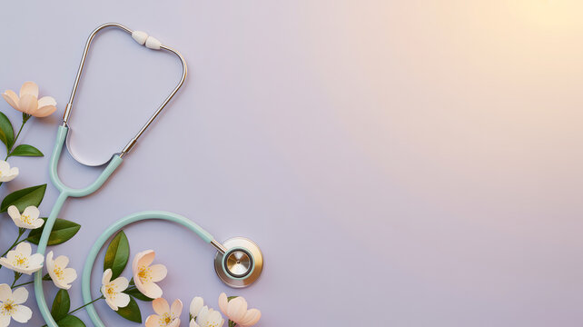 World health day Stethoscope and white flowers on pastel purple background for medical health concepts