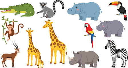 Wild Safari Animals Cartoon Vector Set with Giraffe, Zebra, Rhino, Hippo, Monkey, Toucan, Lemur and Crocodile for Kids Wildlife Illustration Design. © MstSuborna