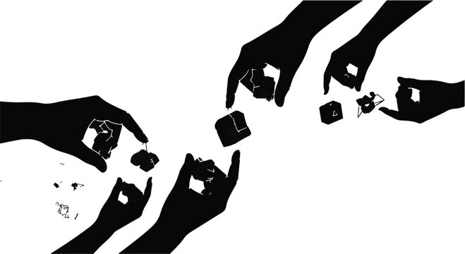 Silhouettes of multiple hands exchanging small, dark, cube-shaped objects across a bright negative space suggesting collaboration or business transactions.