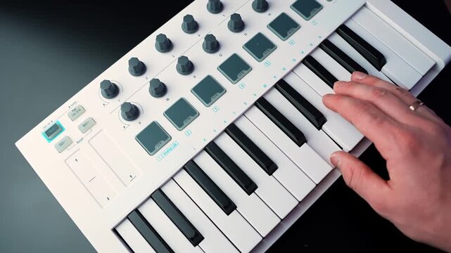 Hand plays a chord progression on a compact MIDI keyboard controller, pressing keys in a clean home studio setup. Modern music-making b-roll for creative projects.