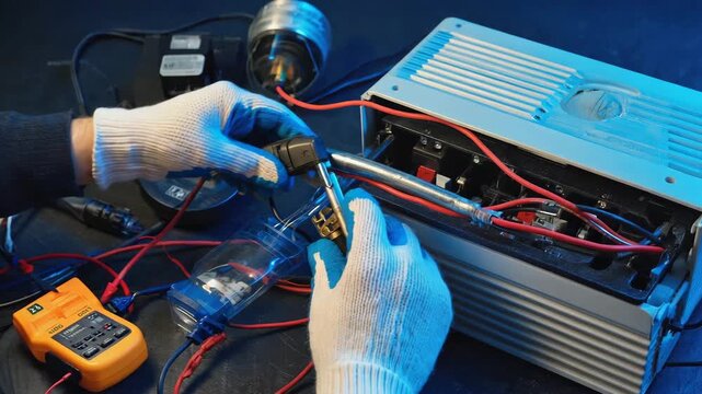 Industrial Cable Installation with Hands Tightening Connections and Realistic Tool Interaction