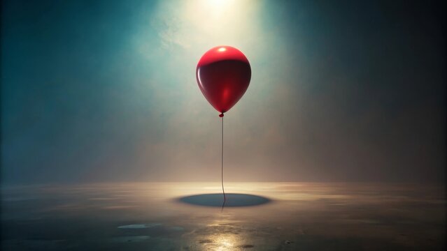 A Single Red Balloon Ascends in a Hazy, Dreamlike Atmosphere, Its Shadow Projected Onto a Reflective Surface Below