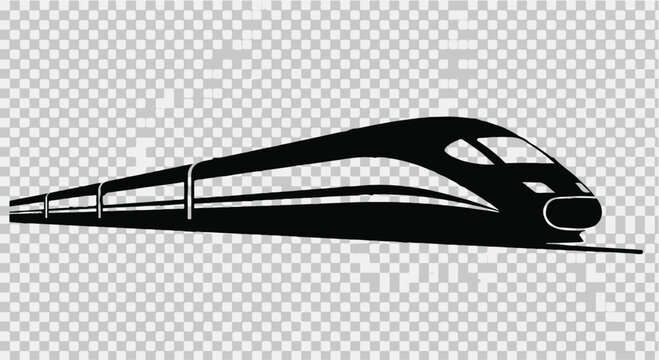 Sleek black silhouette of a modern high-speed bullet train graphic design is isolated against a transparent background for versatile use.