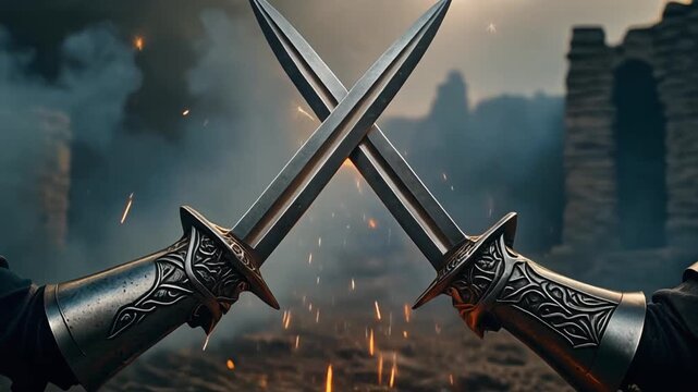 Medieval knight with sword and shield standing near a traditional Dutch windmill under a blue sky