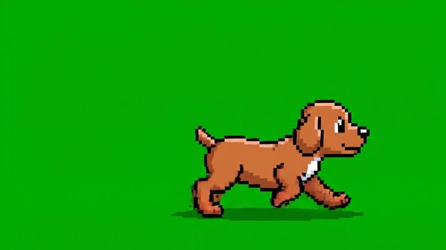 Pixelated animated dog walking on green screen background