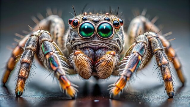 Close-up of a vibrant, hairy arachnid with iridescent legs and striking, multifaceted eyes
