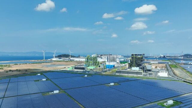 Aerial view of biomass power plants and wind and solar power plants