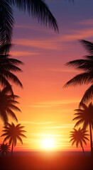 Obraz premium A stunning sunset on a tropical beach, framed by silhouettes of palm trees
