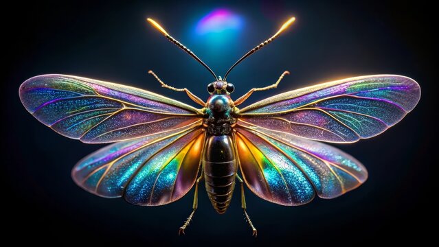 A shimmering iridescent insect with multifaceted wings, a captivating study in vibrant color and intricate detail, displayed against a dark backdrop