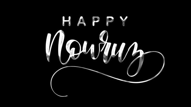 Happy nowruz text animation in silver. Suitable for nowruz celebrations, social media posts, greeting cards, and cultural events promotion.