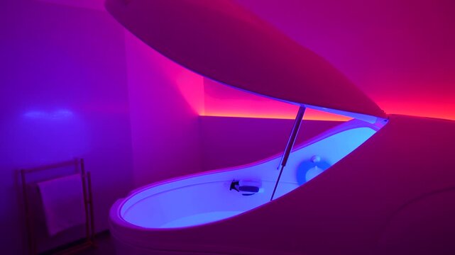 Modern hyper-saline floatation therapy pod for deep relaxation in colorful room