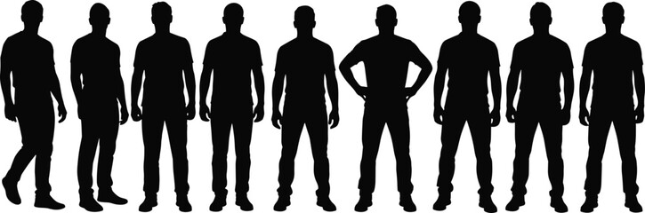 Standing Men Silhouette Set Male People in Different Standing Poses Front View Human Figure Collection Vector Illustration